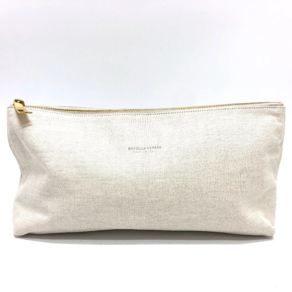 Bottega Veneta Logo Pouch Clutch Bag Canvas Beige/Goldhardware
